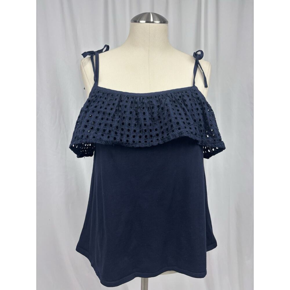 Loft Tank Top Navy Women's Size Small S Cotton Eyelet Ruffle Spaghetti Strap Bow